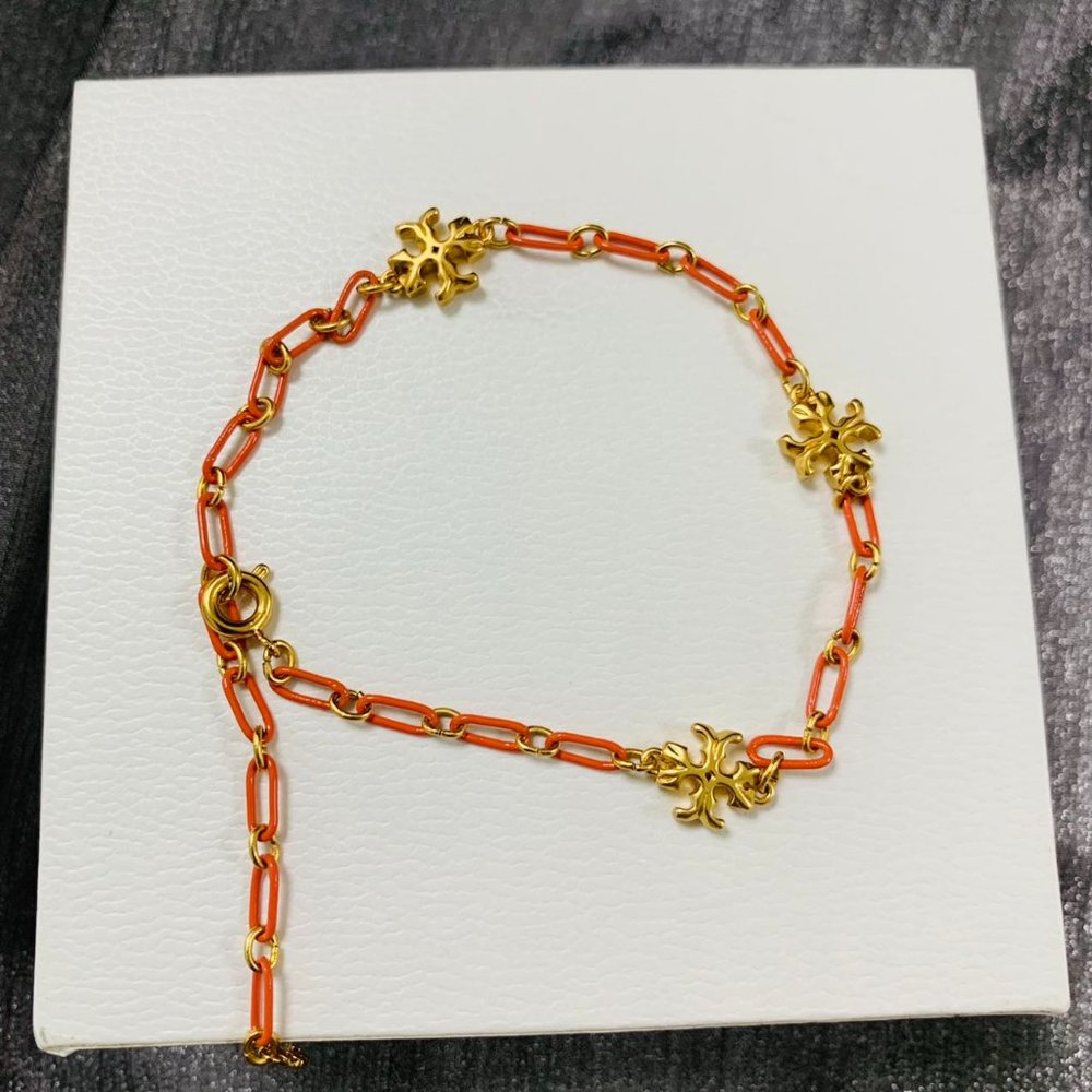 Tory Burch Bracelet ROXANNE Chain Bracelet GOLD PLATED CORAL ACRYLIC LOGO